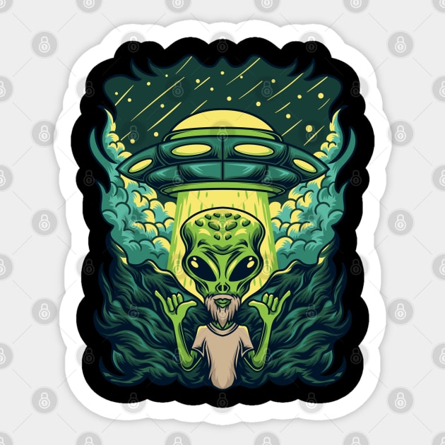 Bearded Hipster Surf Alien | Shaka Hang Loose Gesture UFO Sticker by JakesRWild